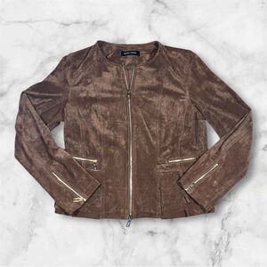 Ivanka Trump‎ Jacket Faux Suede Brown Full Zip Ruffle Hem Women Size M